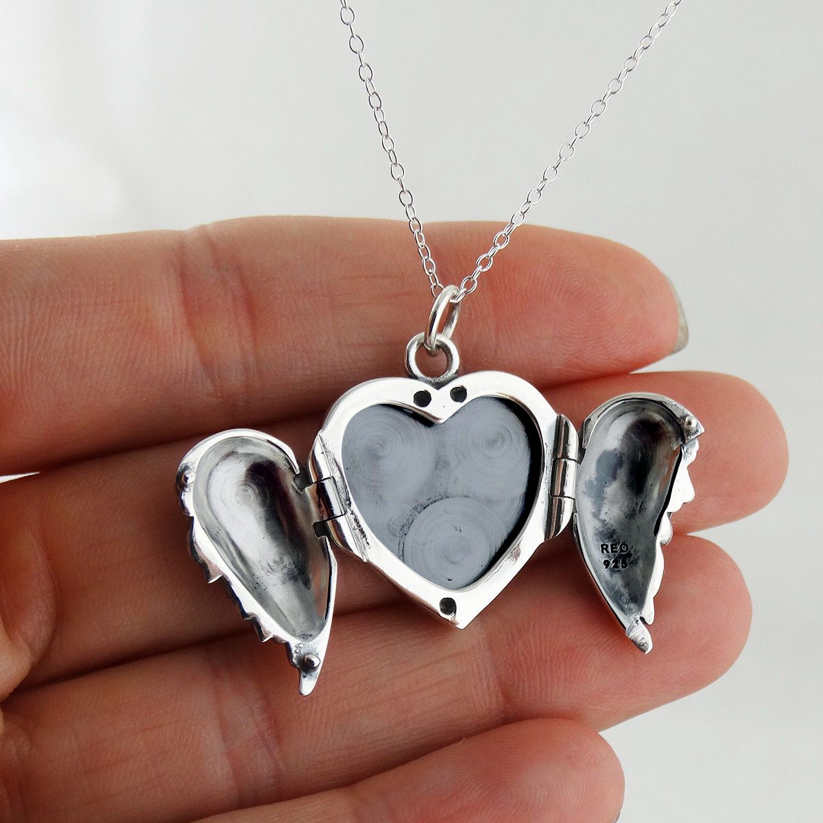 Angel Wings Heart Locket Photo Frame Necklace - 925 Sterling Silver