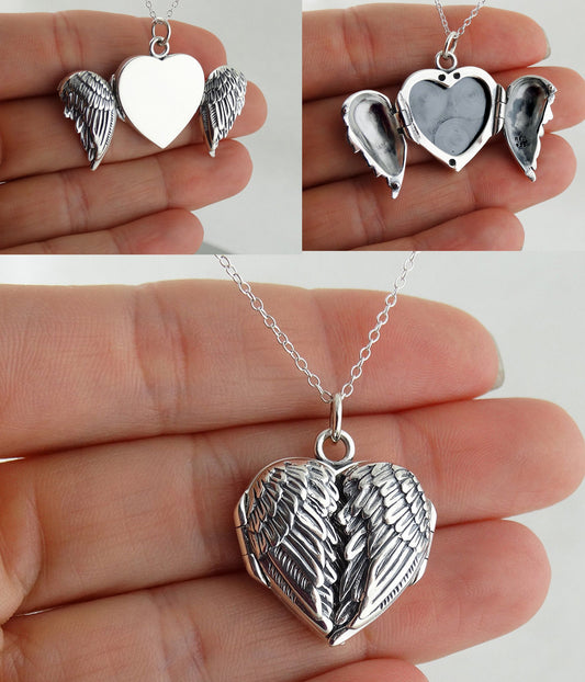 Angel Wings Heart Locket Photo Frame Necklace - 925 Sterling Silver