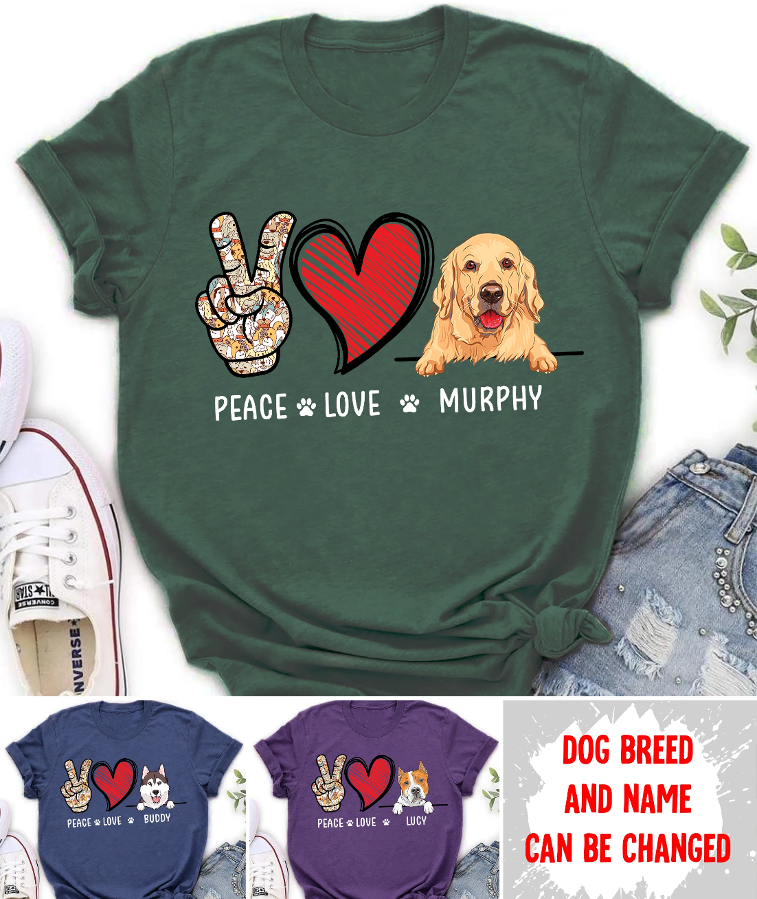 Personalized Custom T-shirt - Peace Love Dog - Gift For Pet Lover, Gift For Pet Owner, Tee for Dog Owner