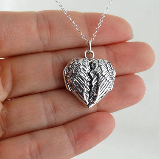 Angel Wings Heart Locket Photo Frame Necklace - 925 Sterling Silver